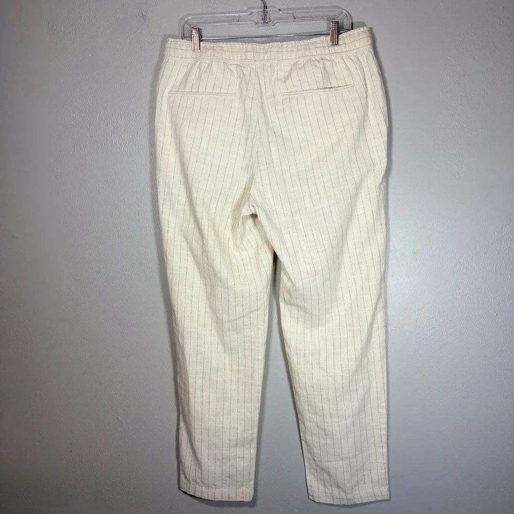 Zara Womens XL Pinstripe Drawstring Linen Blend Pants Cream Blue High Rise